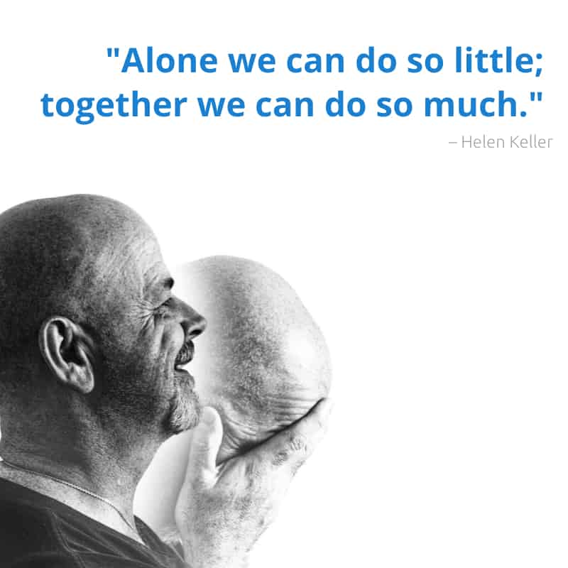 Quote 'Alone we can do so little, together we can do so much' with a man and a mirage of him holding his head in hand as he tries to find answers about mental health first aider questions