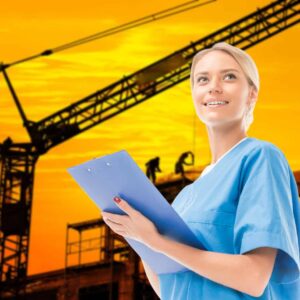 Occupational Health nurse in front of crane